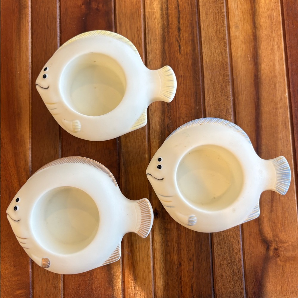 Set of 3 PartyLite aqua pals floating tealight candle holder. Fish ceramic.